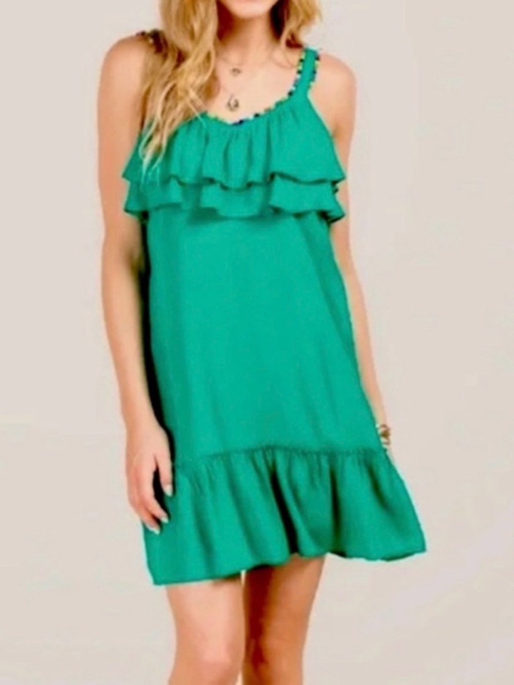 Francesca’s Swiss Dot Pom Pom Ruffled Mini Beach Dress sundress Size Small green